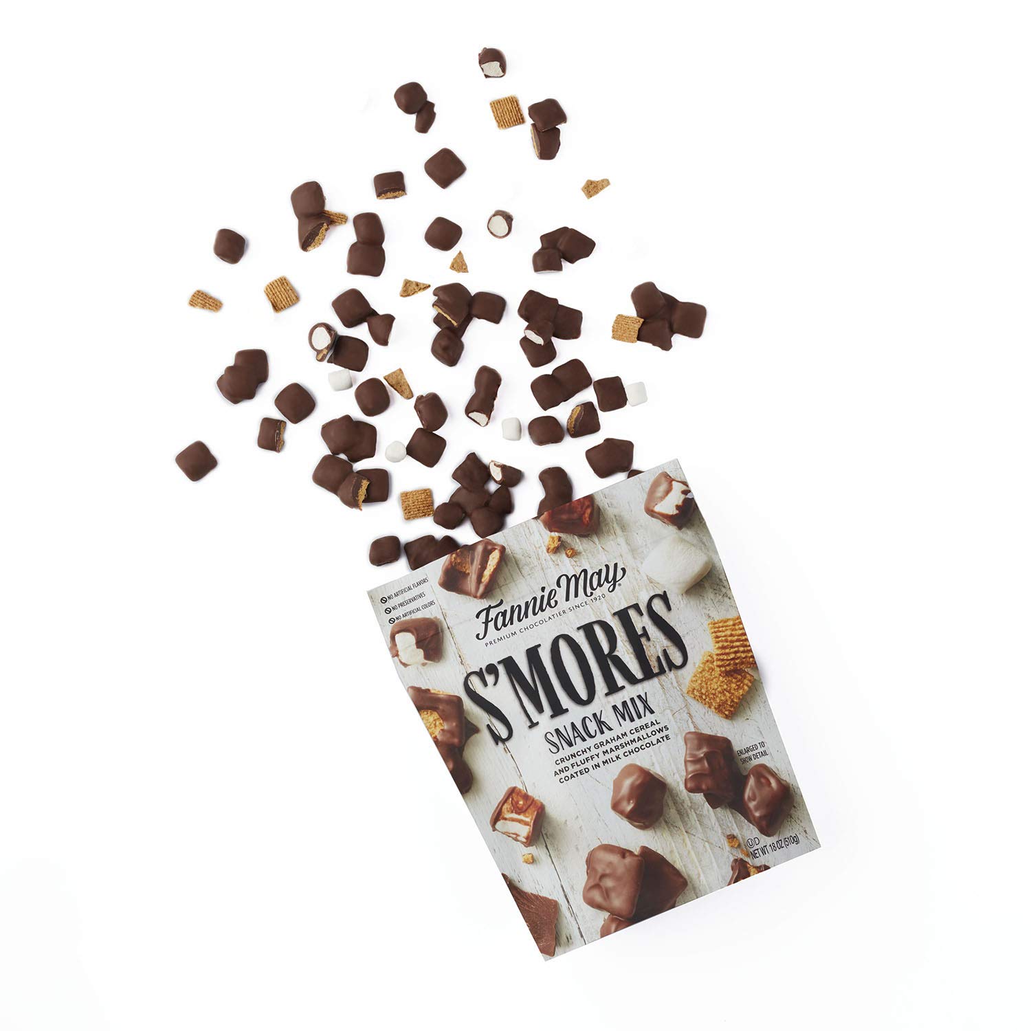 Fannie May S'mores Snack Mix, Milk Chocolate Covered Mini Marshmallows and Graham Cereal, 18oz Bag, 2 Pack