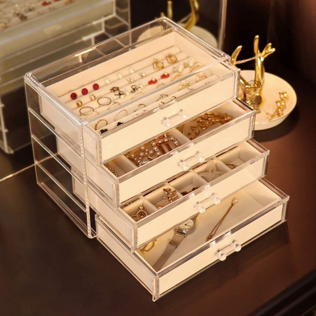 TIANQIHAO Jewelry Box 4 Layers Drawer Jewelry Organizer Box Exquisite Jewelry Storage Display Box Transparent Large Capacity Jewelry Holder Jewellry Holder
