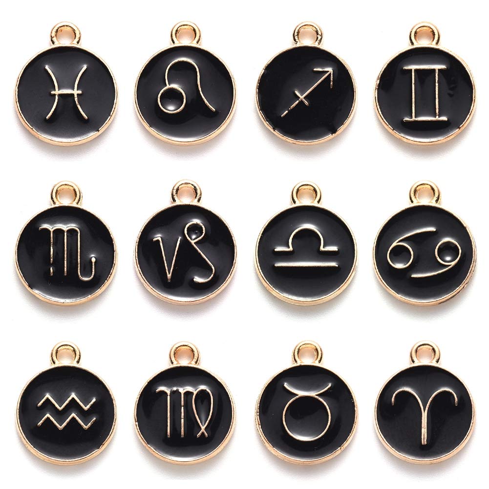 PandaHall 12pcs Enamel Twelve Constellations Flat Round Charms Black Zodiac Charms Pendants Light Gold Plated Metal Charms Bulk for Necklace Bracelet Jewelry Making โ image 1