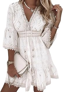 Minetom Women's Lace Summer Dress with Spaghetti Straps, Short, V-Neck, Sleeveless Summer Boho A-Line Beach Dress