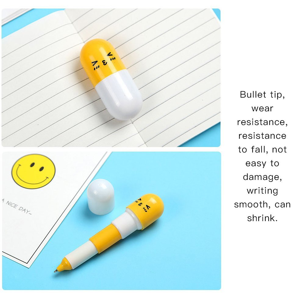 6 Stylos Billes Rétractables PULABO - Design Pilule Souriante - Stylo Télescopique Fun Pour Enfants