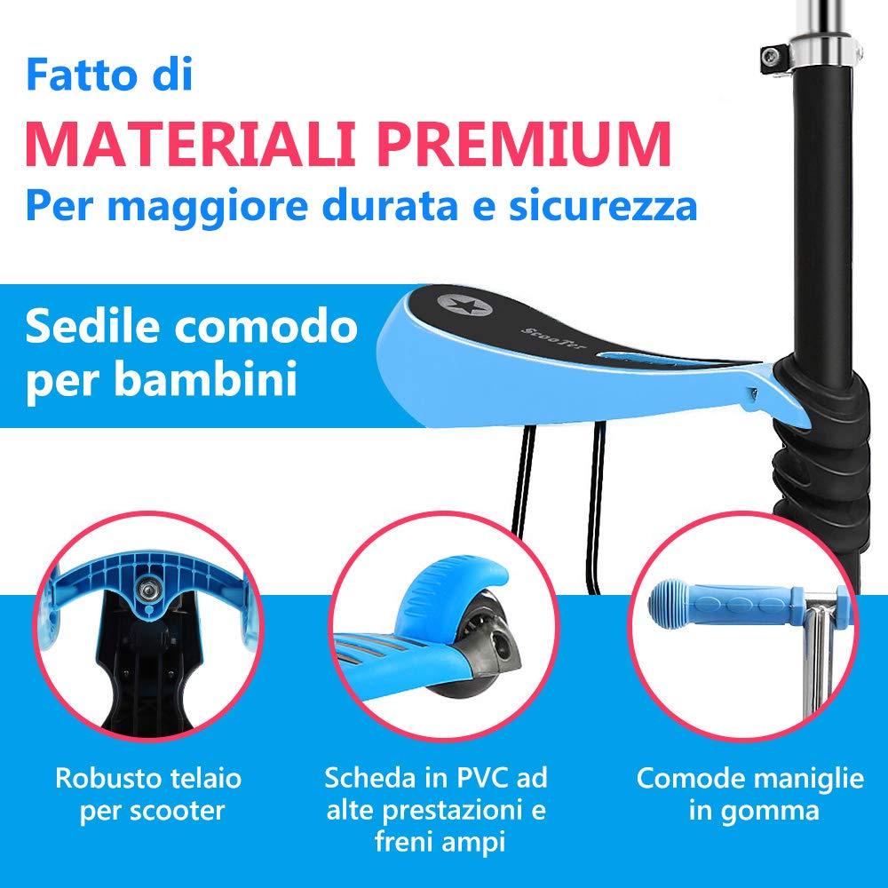 YOLEO Monopattino per Bambini 5-in-1, Monopattino 3 Ruote Lampeggianti in LED, Kids Scooter, Con Sedile Estraibile/Monopattino Bambini 2 a 8 Anni, Carico Massimo 50 Kg