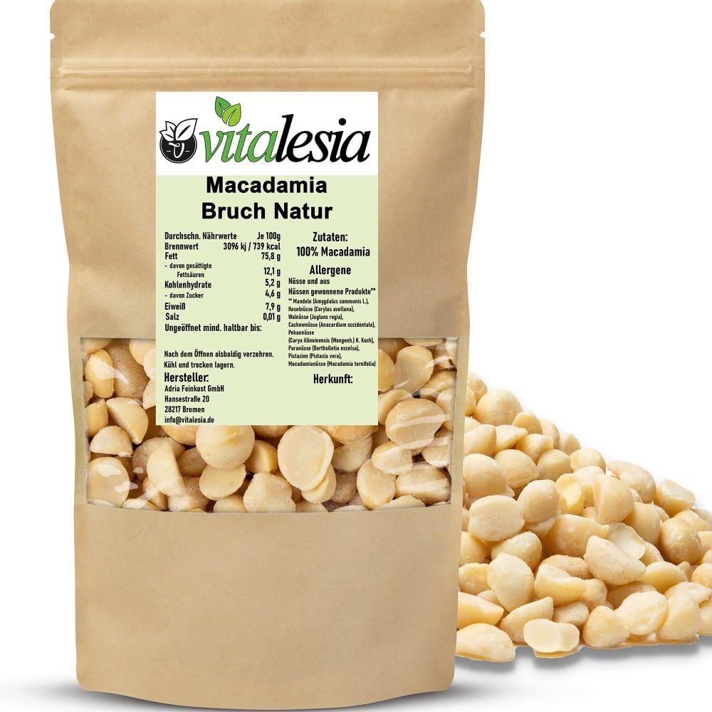 Vitalesia Macadamia Bruch 250g–2,5kg | naturbelassen, roh, ungeröstet & ungesalzen | Premium Macadamia Nüsse aus Südafrika | ideal zum Backen & Kochen | Macadamiabruch Rohkostqualität | vegan (2,5kg)