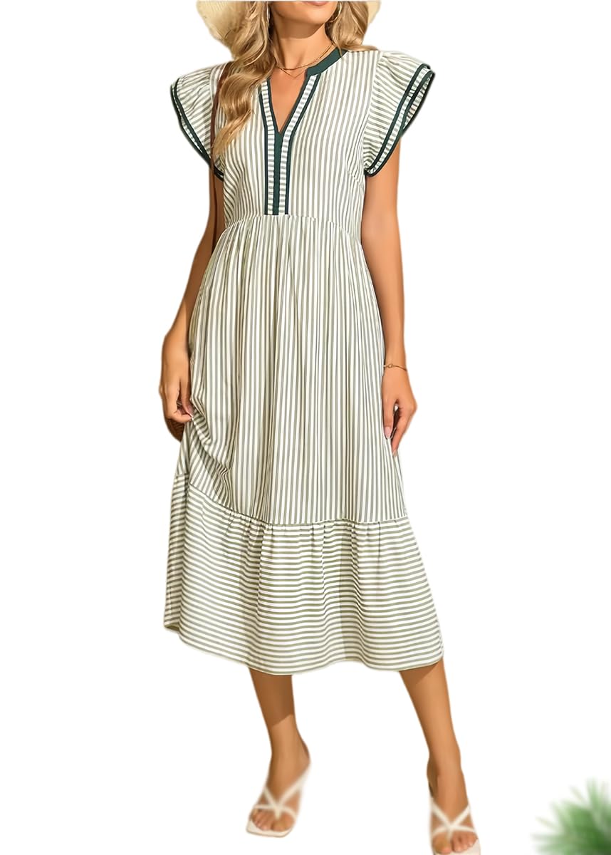 Vestido Midi a Rayas para Mujer con Escote en V y Mangas con Volantes — Estilo Fluido y Playero
