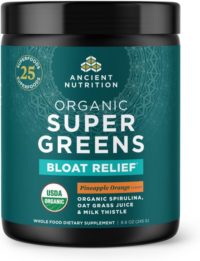 Ancient Nutrition Organic SuperGreens Bloat Relief, Digestive Enzymes, Prebiotic Fiber & Probiotics, Supports Bloat Relief & Digestive Health, 25 Superfoods, Pineapple Orange, 25 Servings
