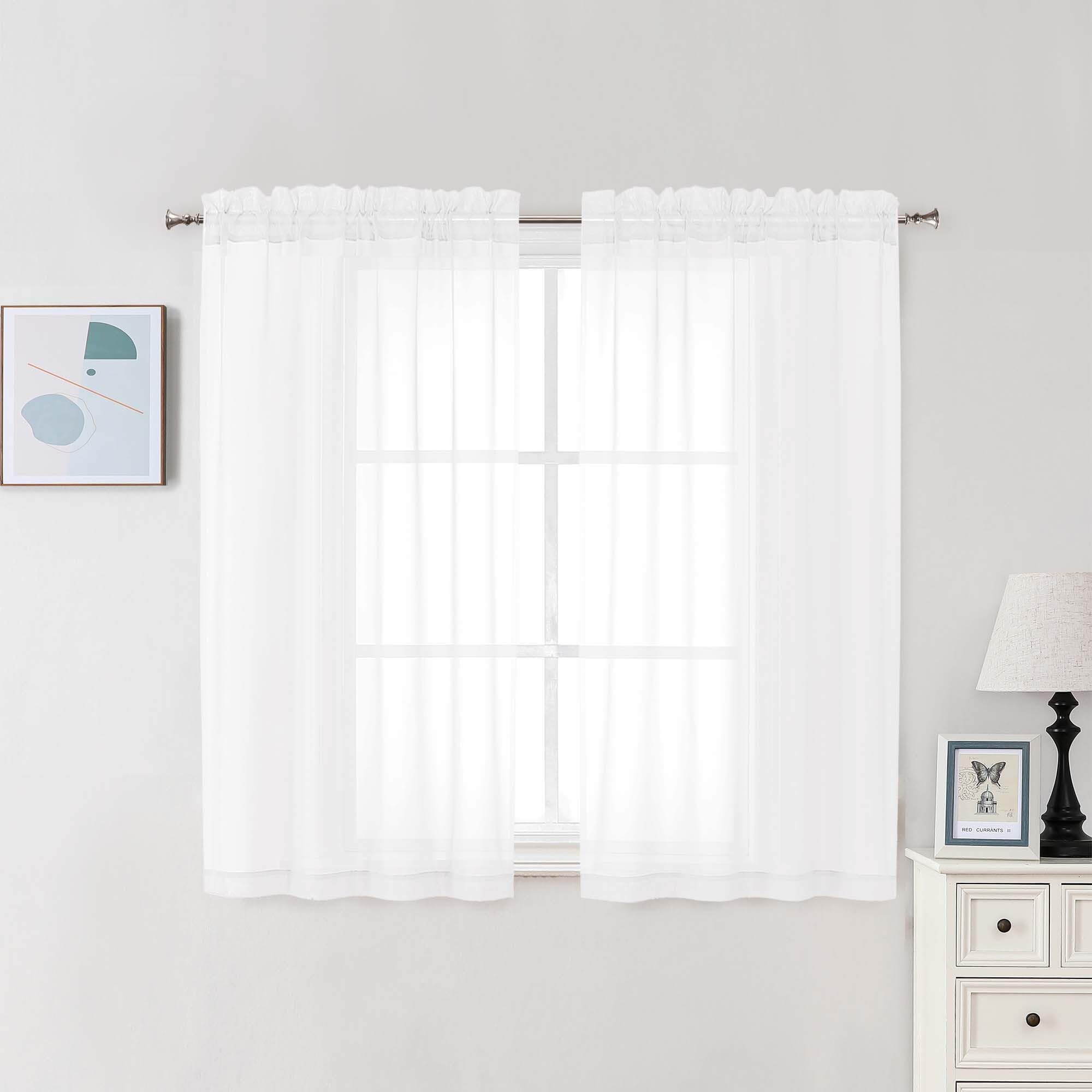 Chyhomenyc White Sheer Curtains 48 Inch Long, Light Filtering Solid Color Bedroom Window Sheer Curtain Panels, Elegant Short Curtains &amp; Drapes for Living Room, 42Wx48L, 2 Panels