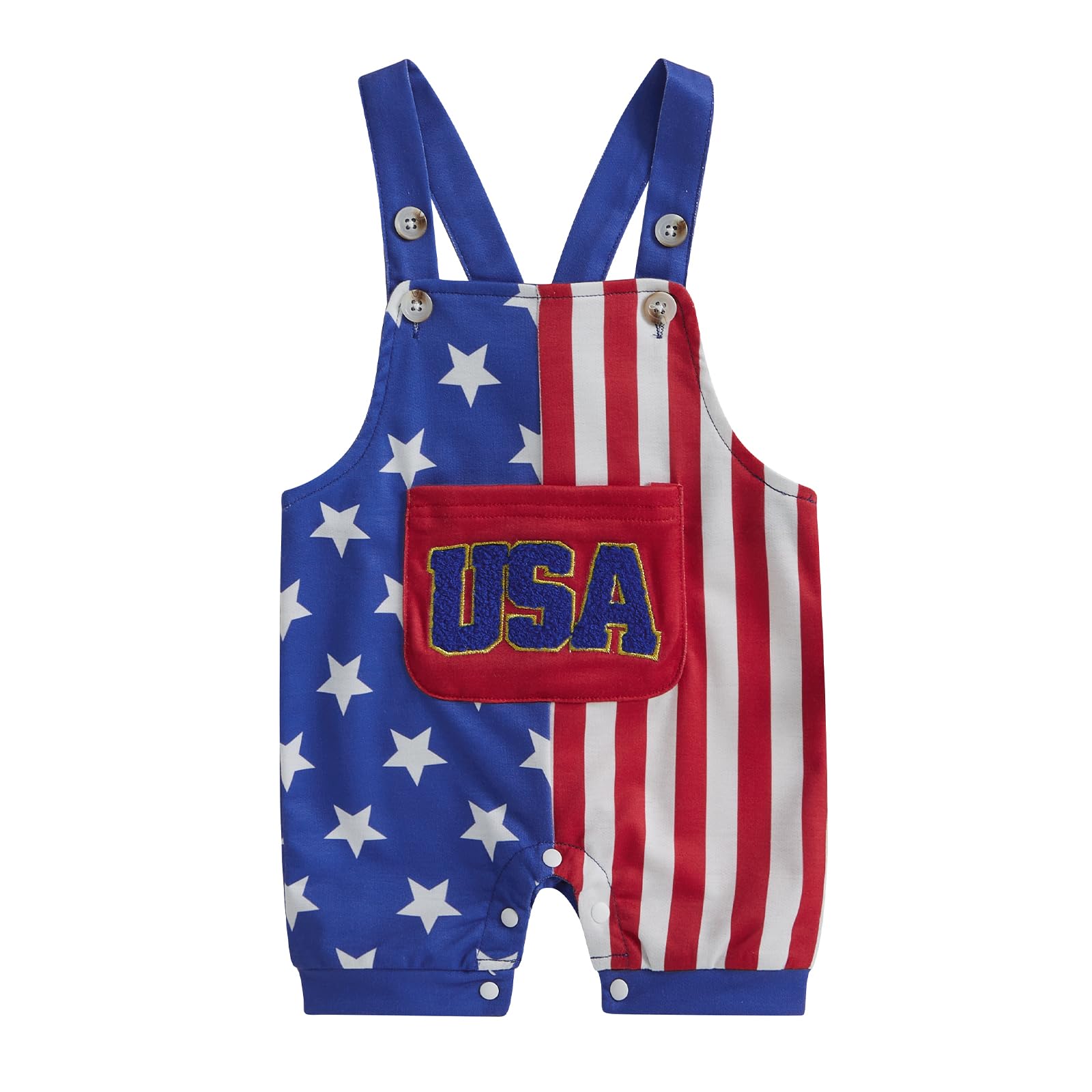 Dcohmch Baby Boy 4th of July Outfit Letter Embroidery Overalls Stripe Star Print Romper Summer Sleeveless Jumpsuits (Blue, 0-3 Months)