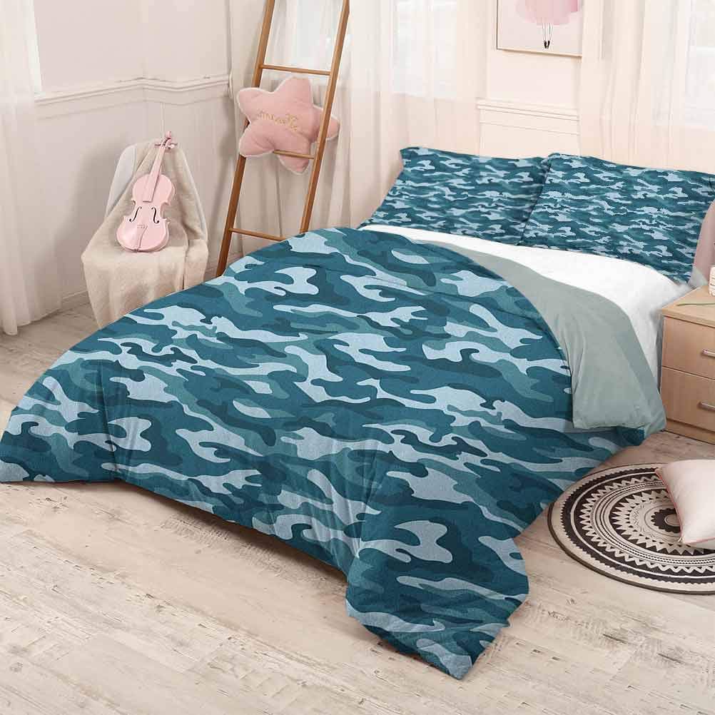 prunushome Camo Bedding Quilt Set Military Theme Camouflage in Oceanic Colors Sea Water Inspired Printing Bedclothes Decor Dark Blue Slate Blue Baby Blue 90x90in/20x30inx2