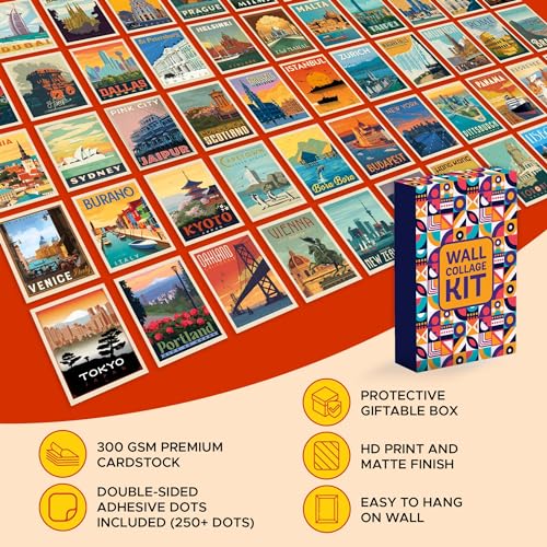 Image of CodersParadise Travel City Wall Collage Kit - Pack of 54 Aesthetic 4x6 Inch Vintage City Posters for Bedroom, Dorm, Study & Living Room Decor | Trendy Cityscape Wall Art Prints with Glue Dots Included