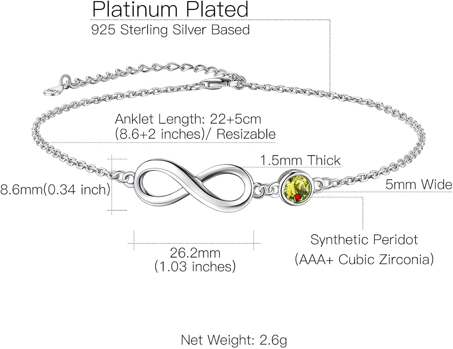 Suplight 925 Stelring Silver Infinity Birthstone Anklet, Dainty Foot Chain Crytal Anklet Bracelets for Women (with Gift Box)