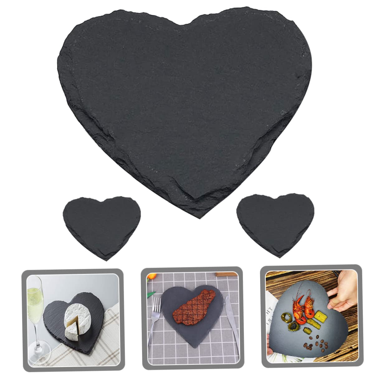 Gatuida Piatti da Portata Piatto per Dessert e Conservazione Cibo Set 3 Pezzi in Ardesia Nero Forma a Cuore Elegante Accessorio per Casa e Hotel