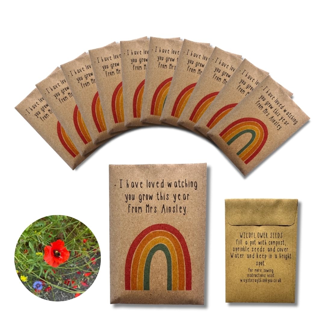50 x Teacher Thank You Seed Packets – Wildflower Gift for Students, End of Term Class Gifts, School Leavers, Eco Friendly Appreciation Gift, Personalised Option, Rainbow (50)