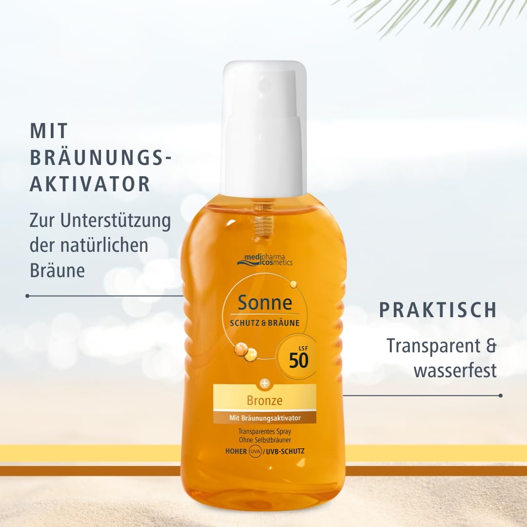 Sonne Schutz&Bräune Bronze Pump-Spray LSF 50 - Sonnenspray mit Bräunungsaktivator - zur Unterstützung der natürlichen Bräune - transparent - ohne Selbstbräuner - von medipharma cosmetics - 200 ml