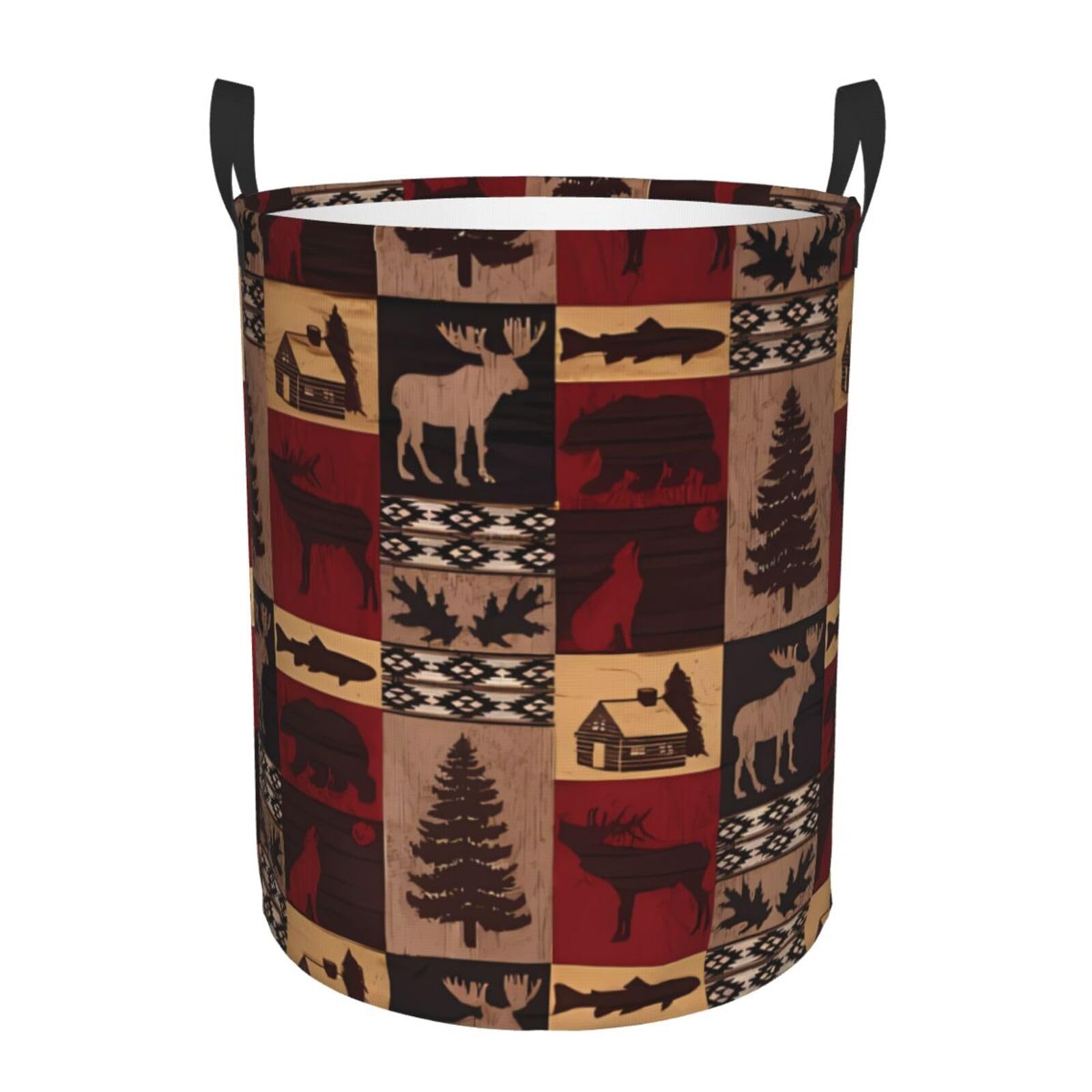 M Circular Hamper Lodge Bear Deer Fish Print Storage Basket for Home