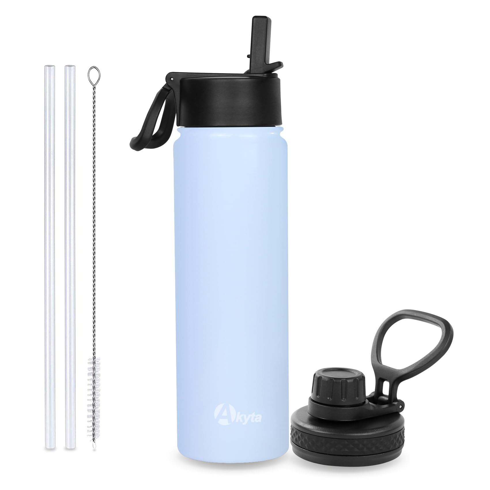 Akyta Sports Stainless Steel Water Bottle with Straw, Spout lid-24OZ -Wide Mouth Vacuum Insulated Thermos Water Bottles, Keep Water Cold/Hot, Metal Water Bottle for Biking Hiking (24 oz, Light Blue)
