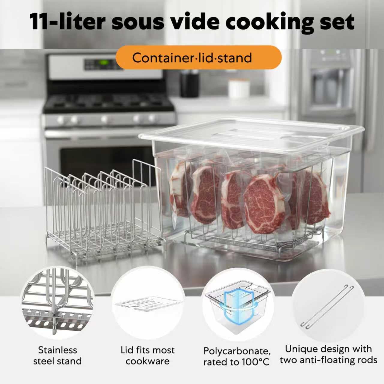 Sous Vide Behälter 11L sous vide box sous vide behälter | Mit Deckel und Edelstahl Halterung für Garer Mehrere Marken Multifunktionaler Transparenter Behälter(Frei von BPA)