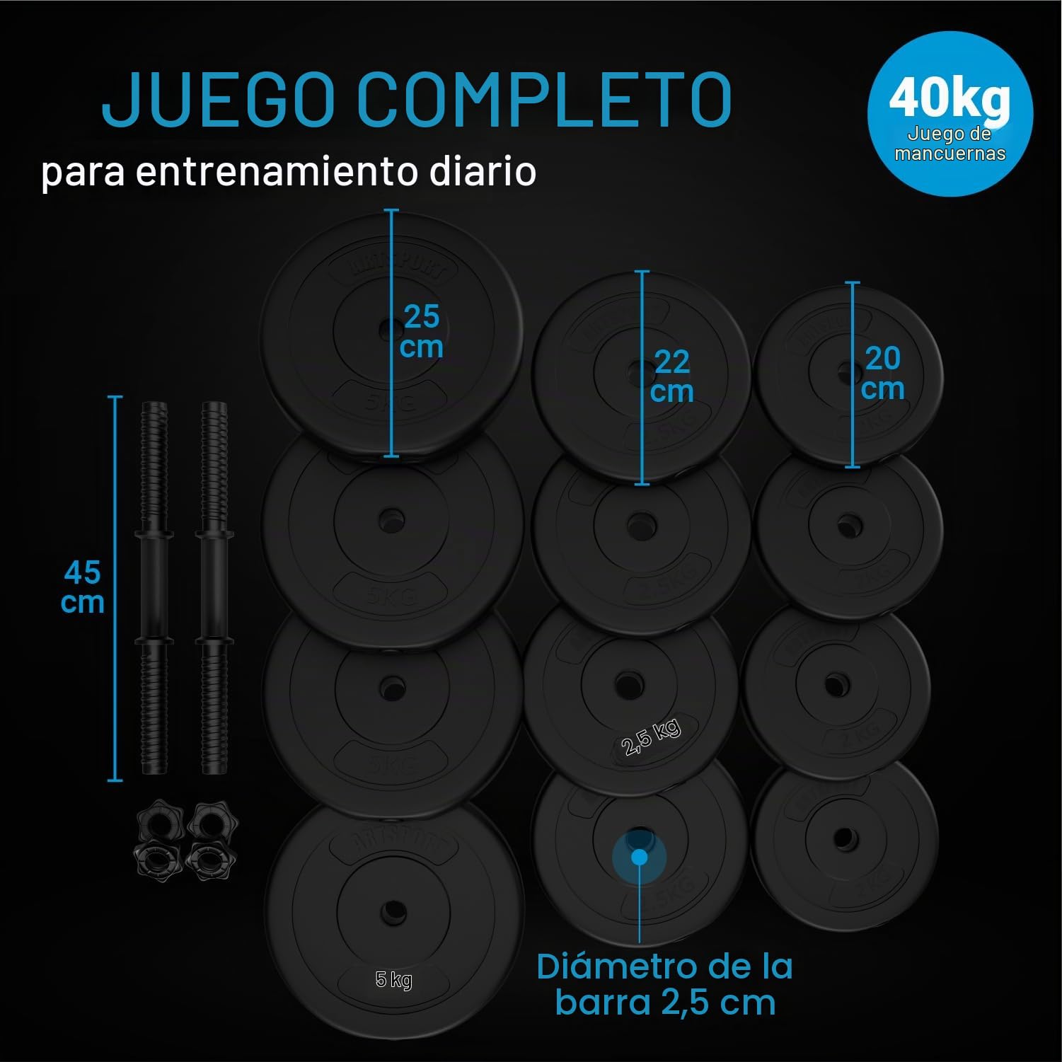 ArtSport set de mancuernas 2x 20/30/40 kg - Set de mancuernas con 2 mancuernas, discos de pesas y 4 cierres de estrella