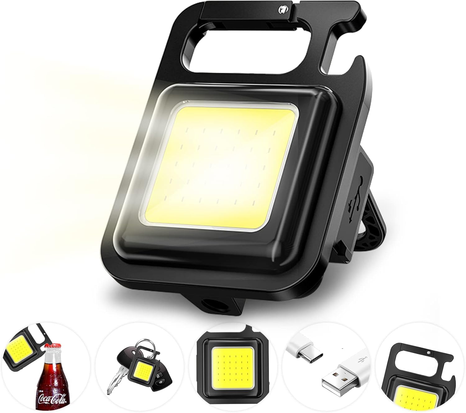 BELIONERA Bright Rechargeable Keychain Flashlights with 1000 Lumens, COB Mini Flashlight with 3 Light Modes, Foldable Bracket, Bottle Opener, and Walking Magnet Base (1, White Light)-image-4