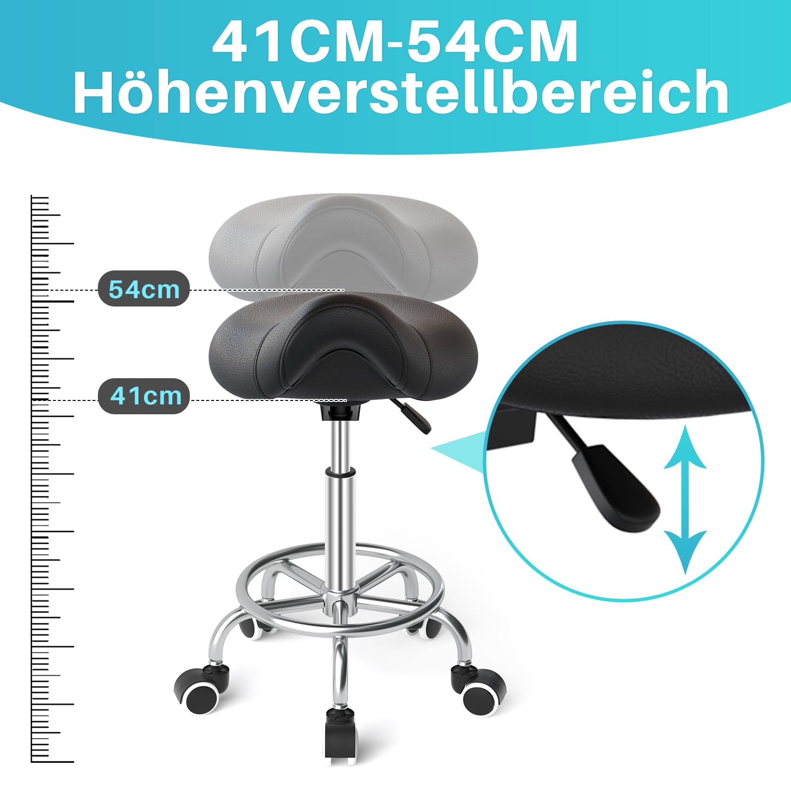 Sgabello da sella ergonomico – Comoda sedia girevole e regolabile con ampio cuscino, ruote e pedale ad anello per medicina, massaggio, salone, ufficio e casa (nero)