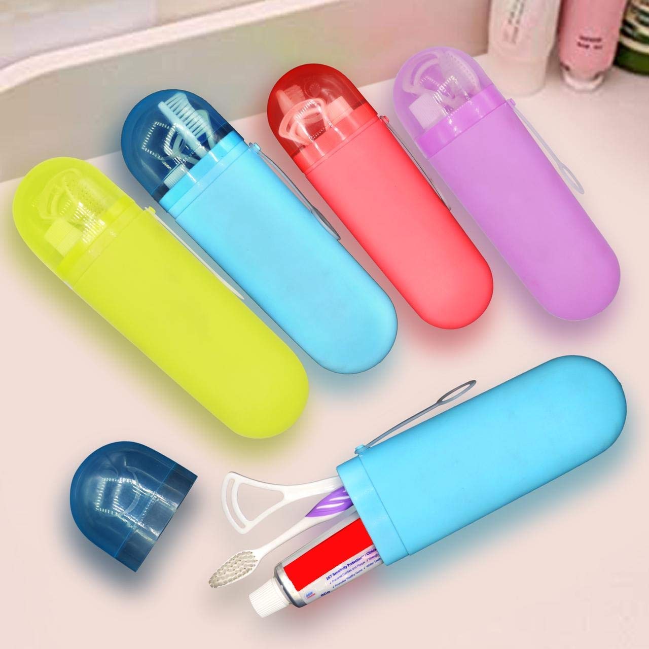 PK shopper Plastic Anti Bacterial Capsule Portable Toothbrush Container/Oval Shape Travel Toothbrush Toothpaste Case Holder/Cosmetics Storage Box/Stationery Box-Pack Of 1 (Multicolor)