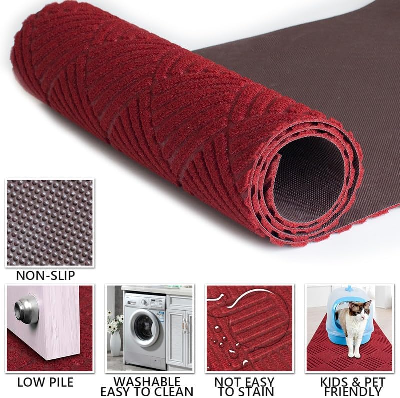 Hallway Runner Rug 2FTx4FT Washable Non-Slip Rubber Back Area Rug Indoor Outdoor Carpet Door Mat for Floor Entryway Bathroom Laundry Room Foyer Balcony Kitchen Bedroom Living Room Red