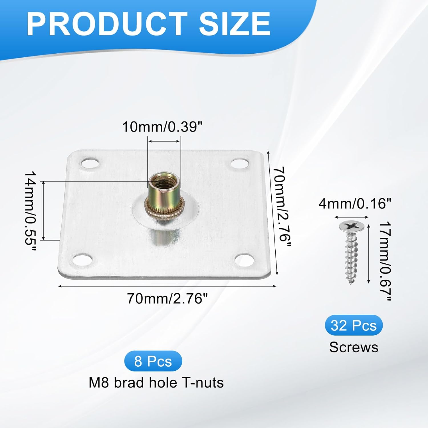 uxcell 8Pcs M8 Brad Hole t Nut, 70mm/2.8inch Square Base Weld Nuts Flange Insert Female Thread with Mounting Screws for Wood Furniture