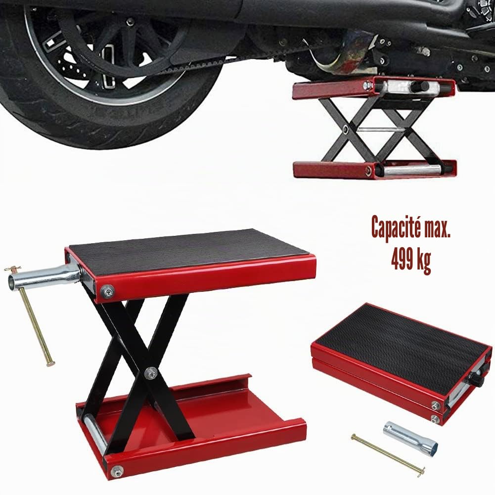 Cric de Moto 1100 lbs/500 kg Hauteur 19-34 cm Pont Élévateur Ciseaux Moto en Acier Plate-Forme Élévatrice Moto Dimension Plat-Forme 36x23 cm Lève Moto Sécurisée Table Élévatrice Moto Entretien, Rouge