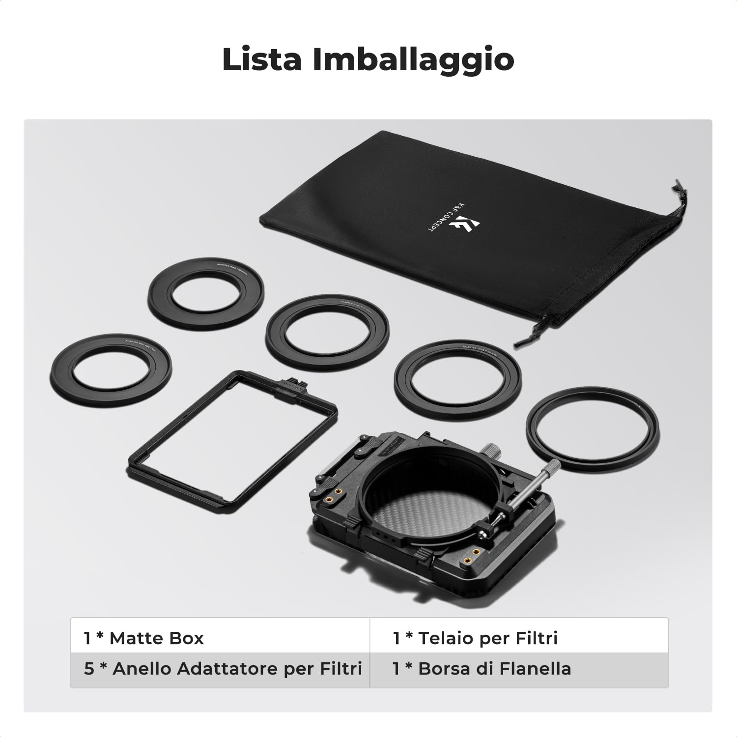 K&F CONCEPT Matte Box Base per Fotocamera in Fibra Carbonio con Anelli da 67/72/77/82/95mm, Interfacce 1/4", 3/8" e Slitta Fredda, Riservato Estensioni per Pannelli Laterali, con Una Borsa Stoccaggio