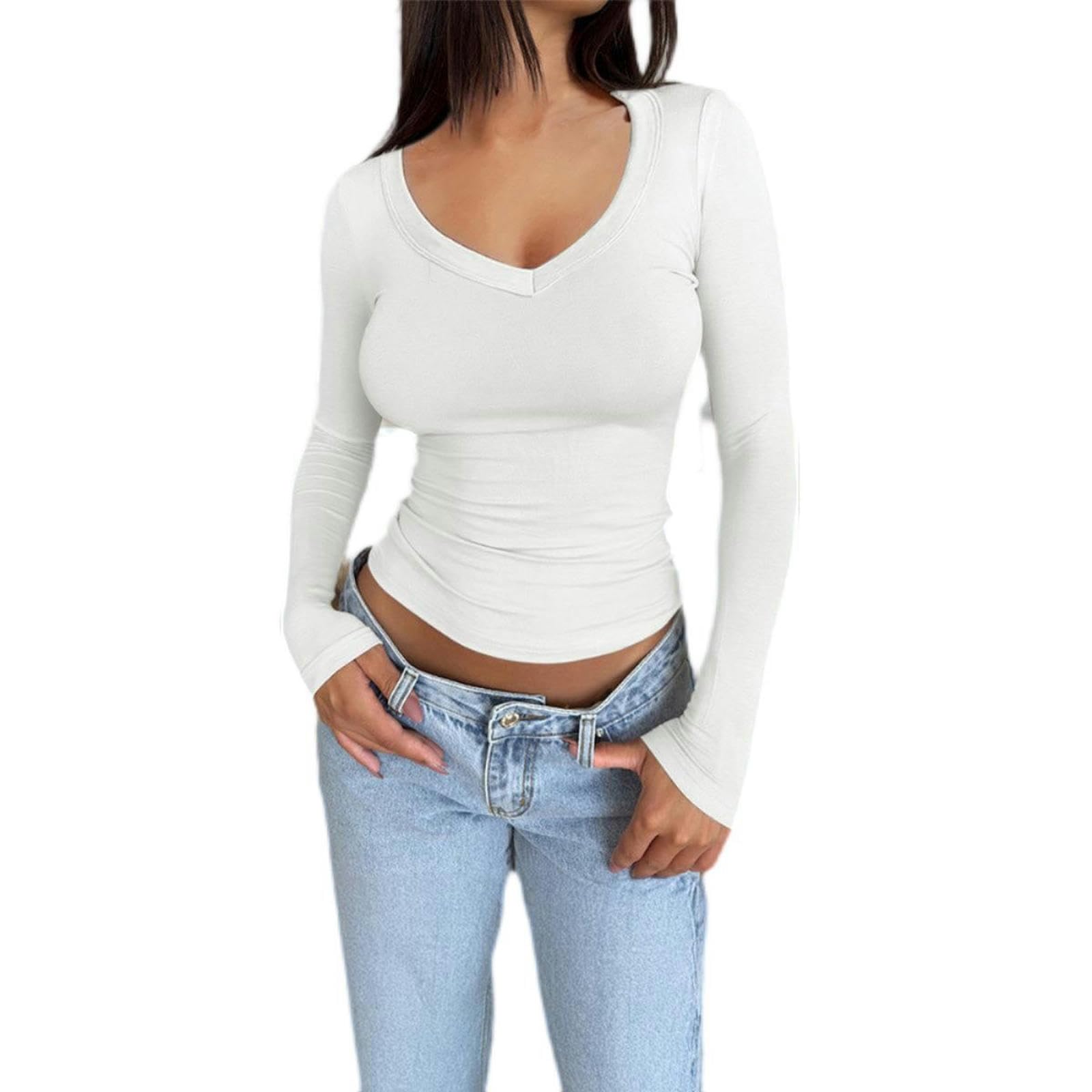 Blusa de Manga Larga con Escote en U para Mujer, Estilo Primavera-Verano, Color Verde Claro, Talla M