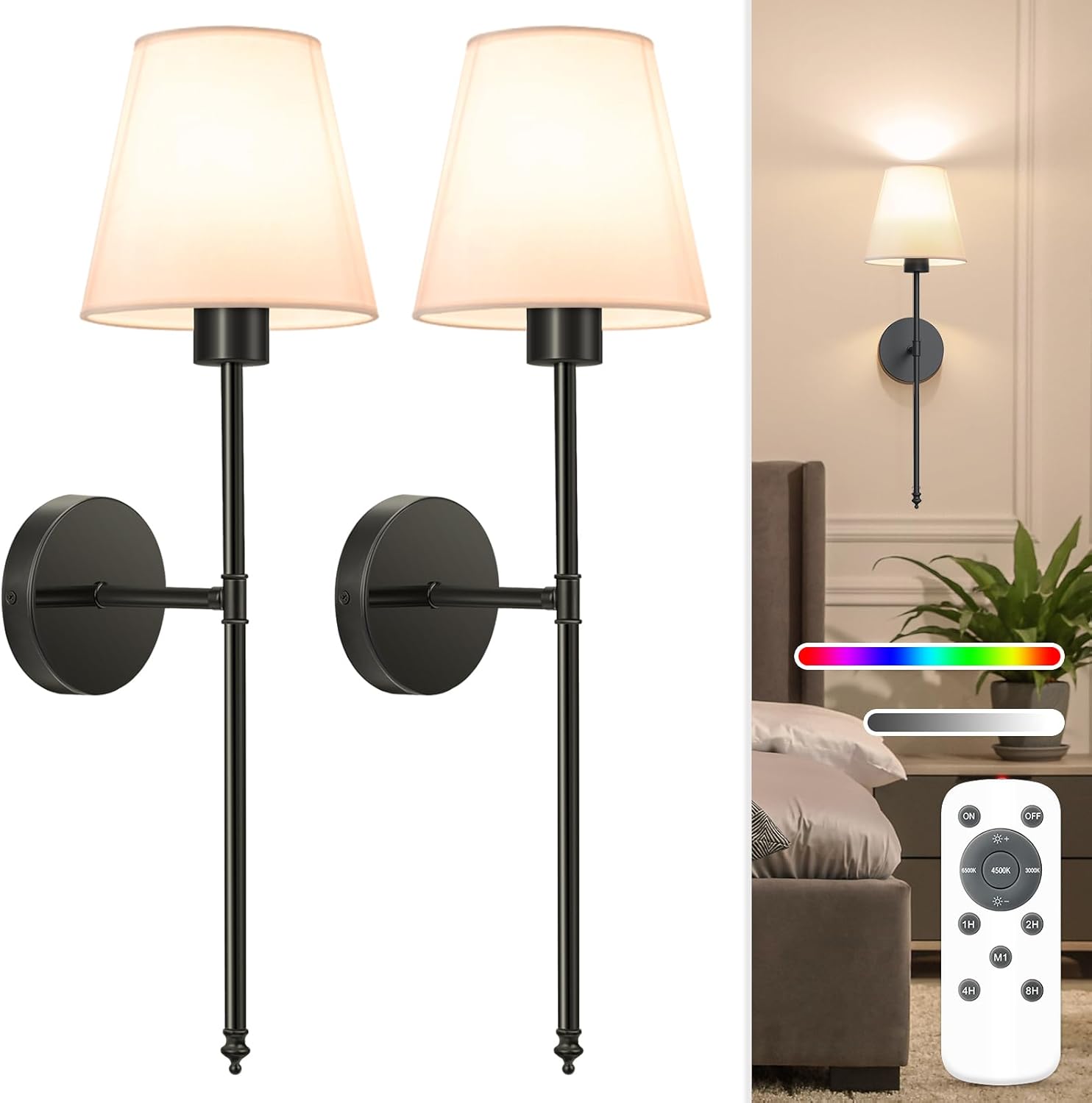 NIORSUN Battery Operated Wall Sconce Set of 2,Black Rechargeable Wall Lights with 5200mAh Dimmable D...