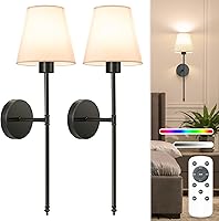NIORSUN Set of 2 Black Battery Operated Wall Sconces - Rechargeable 5200mAh Dimmable Bulbs, Remote Control, 9 Colors for Bedroom Hallway