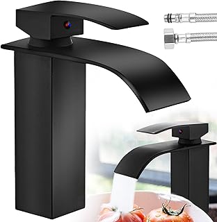 Comprar Grifo de cascada para lavabo: cascada, grifo de lavabo con 2 mangueras de conexión de 60 cm, grifo mezclador monomando negro, grifo de agua caliente y fría