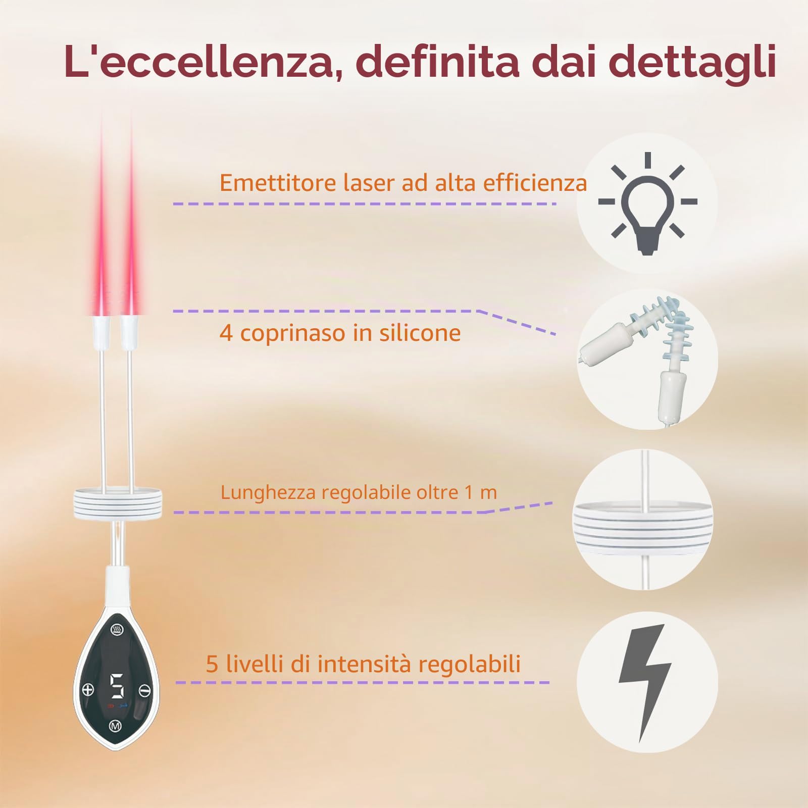 Terapia nasale a luce rossa da 650 nm, dispositivo laser per la salute nasale, 5 livelli di intensità, ricaricabile e portatile, 4 naselli in silicone per un comfort ottimale