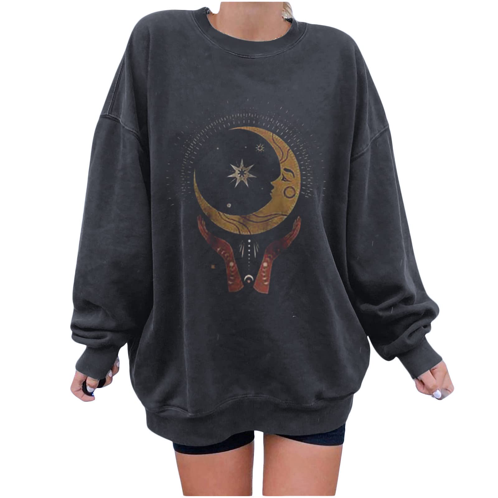 AMhomelyWomen's Vintage Sun Moon Print Sweatshirt - Fall - Loose Long Sleeve O-Neck Pullover Top - Plus Size Coat for Winter Warmth