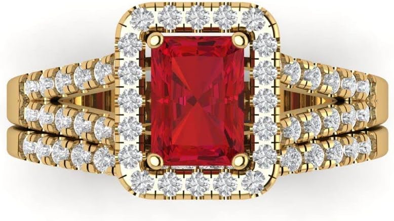 14K Yellow Gold Wedding Set - Simulated Ruby Solitaire with Accents Engagement Ring and Stackable Simulated Diamond Wedding Band for Women - Bridal Engagement Set