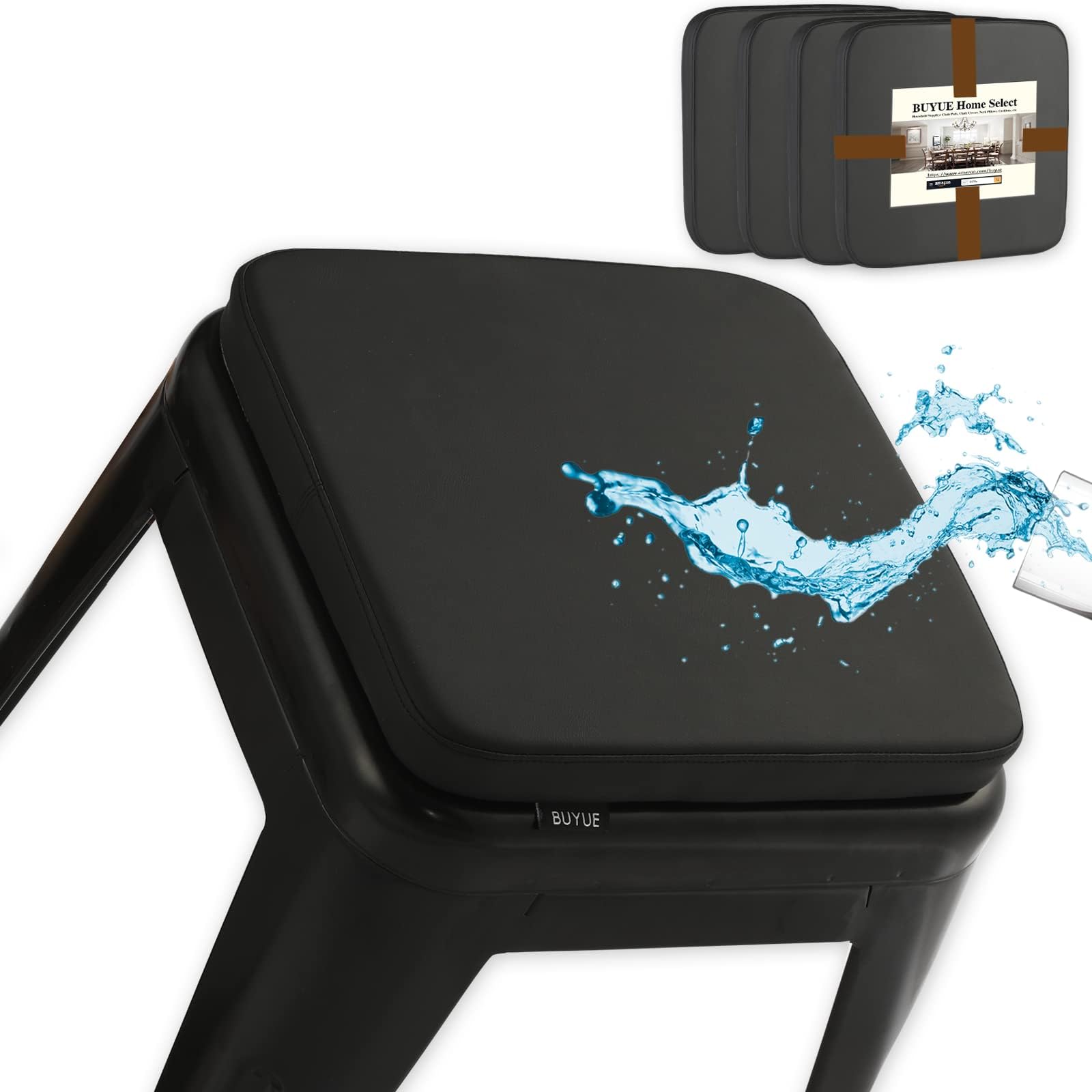 BUYUE Enhanced Anti-Slip Magnetic Bar Stool Cushions Set of 4, Luxury PU Leather Waterproof Small Seat Cushions for Cafรฉ Bistro Stackable Metal Stools (Square, Black, 4)