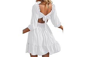 Summer Flowy White Mini Dress with Tie Back and Square Neck