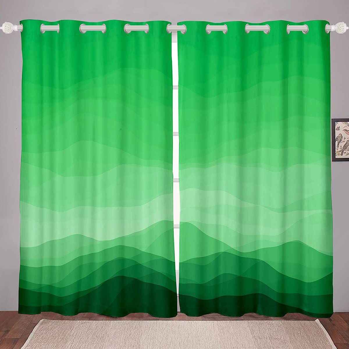 Wave Ombre Striped Curtains Ombre Effects Window Curtains for Bedroom Living Room Kids Girls Boys Gradient Green Window Drapes,W52*L63