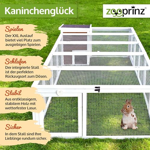 zooprinz brandneues Freilaufgehege mit Stall für draußen – ideal für Kleintiere – Besonders stabiler und großer Holzrahmen mit Kaninchenstall – Freilauf mit natürlicher Farbe lasiert – Hasenstall (XL)