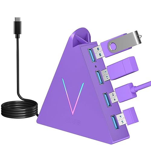 JoyReken USB C Hub,USB Hub Tower with 2FT Extended Cable,Type C to USB 3.0 4-Port Splitter Adapter for MacBook, iMac, Laptop, Surface, XPS, Flash Drive, Keyboard, Mouse, HDD (2ft, Dark Purple - 2ft - Dark purple USB C Hub
