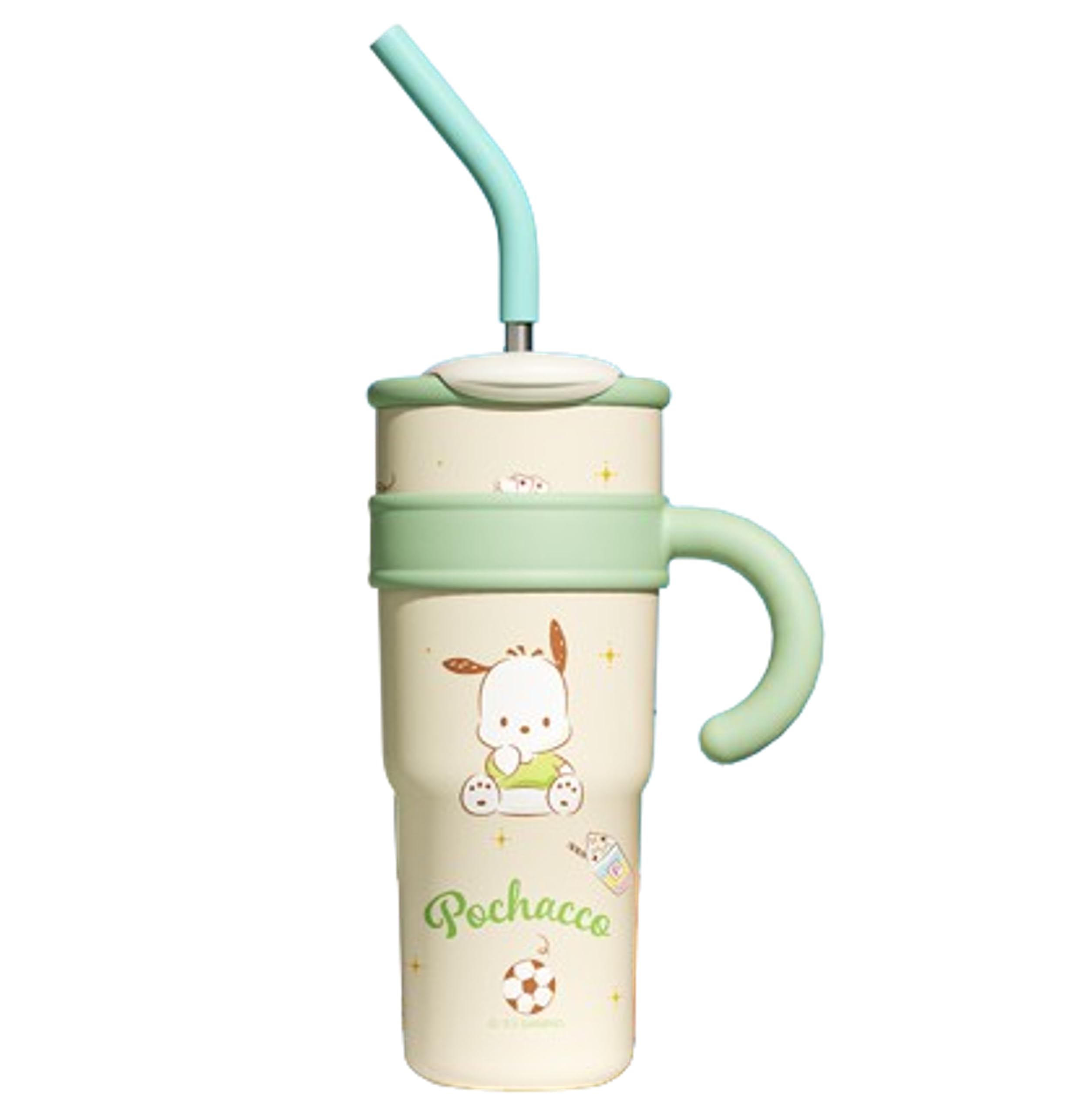 Many Rainbows Pochacco with Soccer Stainless Steel Insulated Tumbler with Lid Straw Handle 1200ml - XL Size