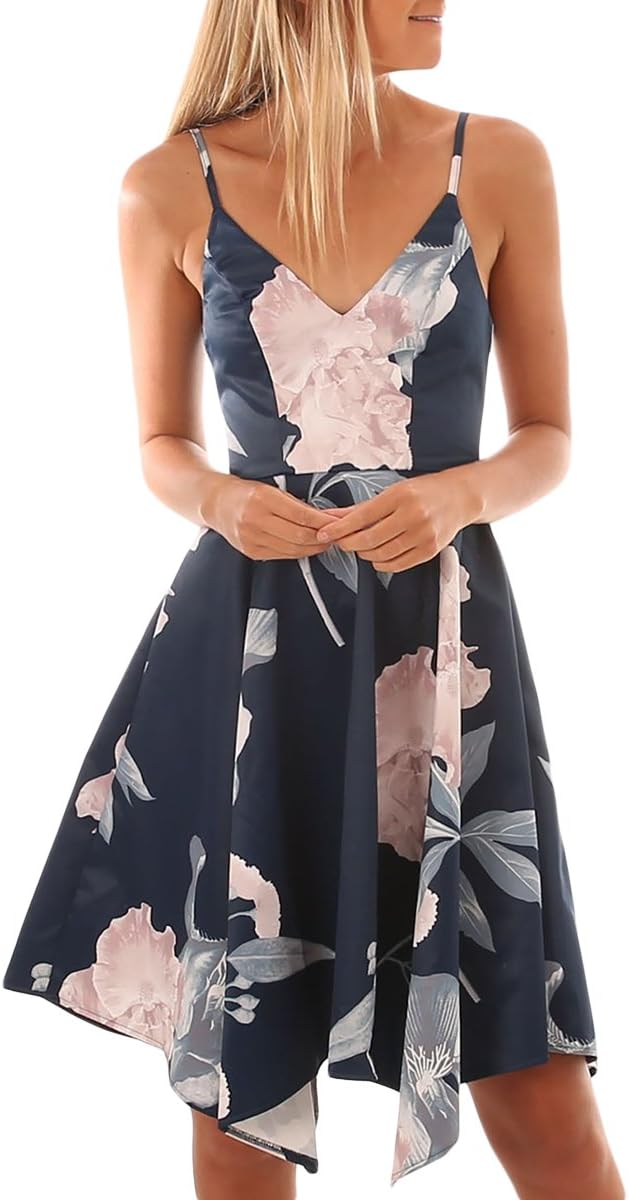 YIBU Apparel Women Summer Floral Print Spaghetti Strap Mini Dress Casual Sleeveless V Neck Boho Skater Dresses,Navy Blue,X-Large