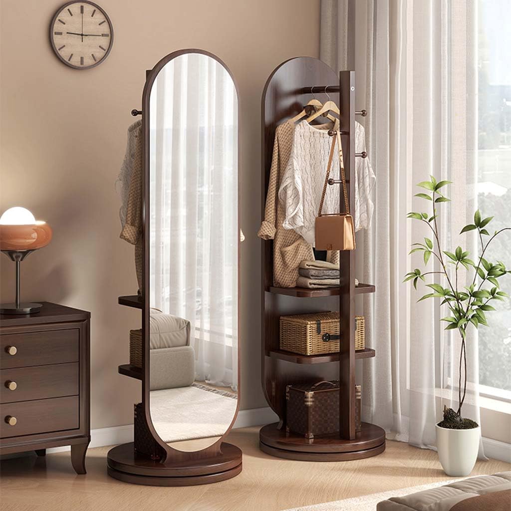 Espejo de pie para dormitorio y sala de estar con perchero de madera maciza 2 en 1