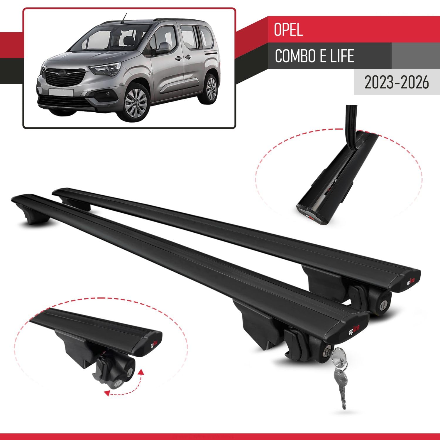 Kompatibel mit Opel Combo E Life 2023-2026 Hook Modell Relingträger Dachträger Auto Gepäckträger Schwarz Aluminium 2 Stangen