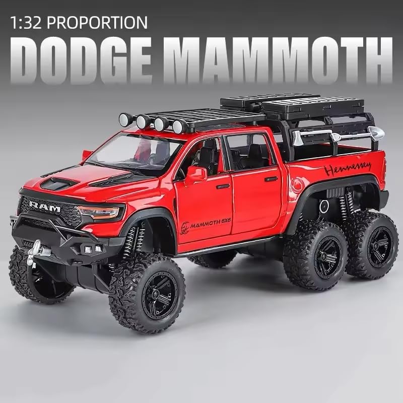Image of WORSHIPER 1:32 Dodge Tyrannosaurus Rex RAM 1500 TRX 6x6 Die-Cast Model Car � Alloy Pullback Toy Truck with Lights, Sounds, Openable Doors & Suspension � Collectible Toy for Kids & Car [Mulaticolor]