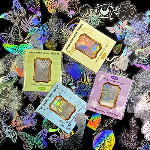 Taekooki 200 Pièces Autocollants Holographiques, Papier Autocollant Holographique Transparent, Autocollant Résine Brillante Art Craft, pour Fleur Autocollant Coloré Laser pour DIY Scrapbook Portable Cover