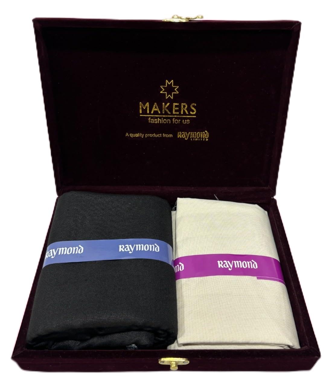Raymond Makers Men’s Shirt & Trouser Fabric Combo with Premium Gift Box | Solid Shirt Fabric with Formal Trouser Fabric | Unstitched Dress Material for Office & Formal Wear