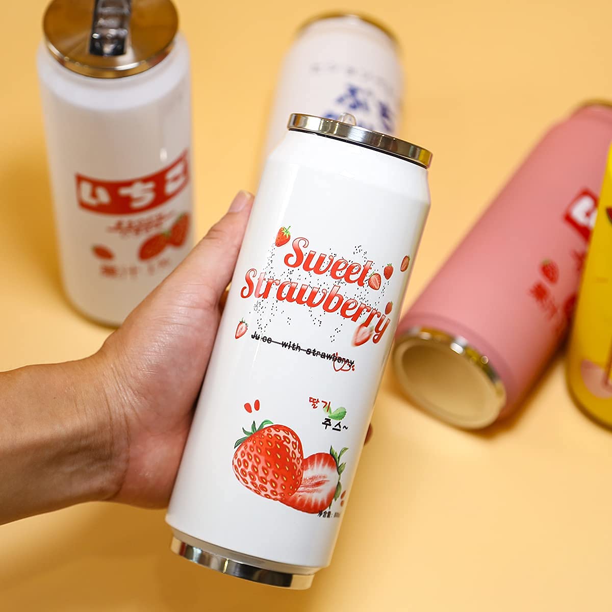 Kawaii Water Bottles Stainless Steel Water Bottle Kawaii Water Bottle with Straw Japanese Water Bottle Insulated (500ml/16.11oz,White Strawberry)