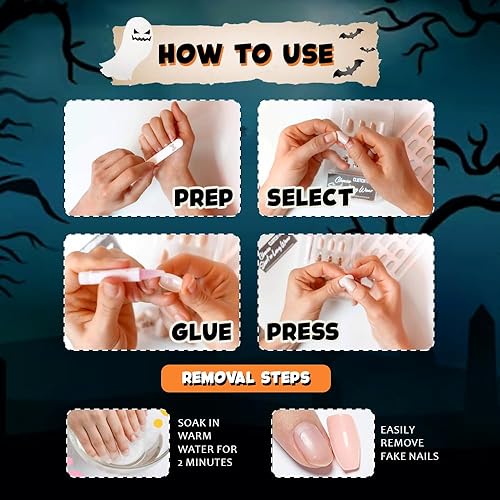 Miniatura 5 de Juego de 48 piezas de pegamento de uñas color negro y rojo oscuro, uñas largas, fantasmas, góticas, uñas acrílicas ovaladas de aguja de almendra,