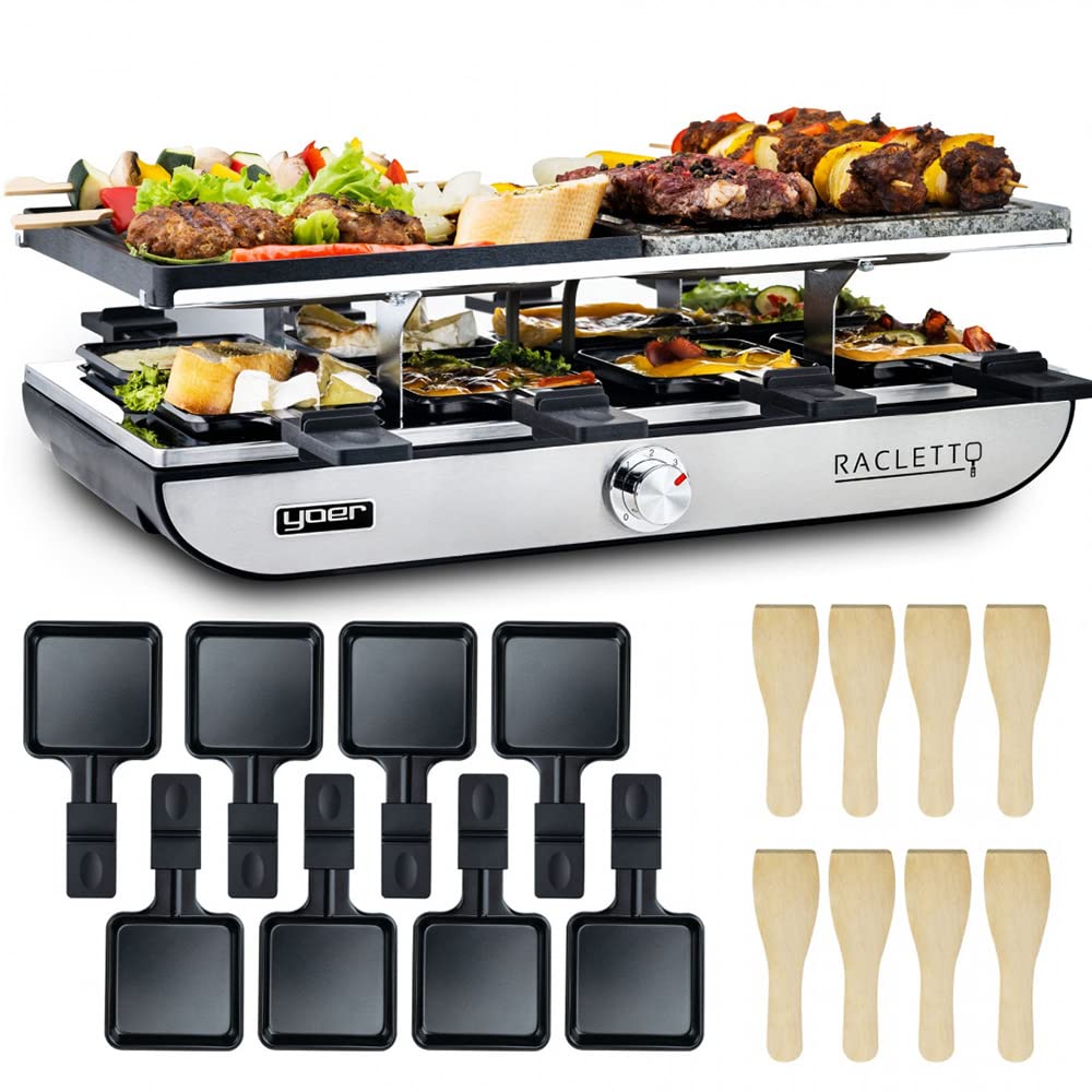Yoer Racletto ERG04S, Elektryczny Grill Raclette 4w1, 1400W, 8porcji, zestaw, 3 sposoby grillowania, 5 poziomów temperatury, granitowa płyta, termostat,